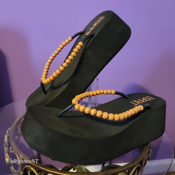 ESPIRIT Vintage Y2K  Beach Tai Chi Beaded Platform Flip Flops Sz: L (9-10) - Picture 3 of 8